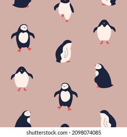 Vector seamless pattern with cute penguins. Funny antarctic animals.