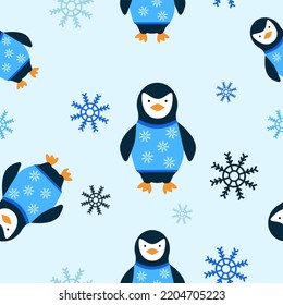 Vector seamless pattern with cute penguins and snowflakes.