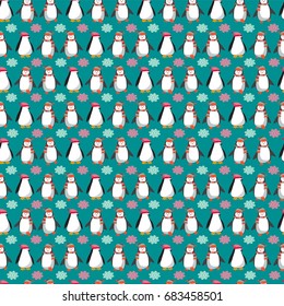  vector seamless pattern with cute penguins character. christmas background with Polar penguins and snowflakes illustration. 