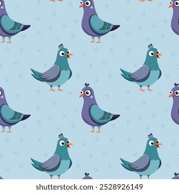 Vector seamless pattern with Cute Pigeons. Pigeon, dove concept. Cartoon urban gray blue dove in flat design style. Dove pattern, animal print perfect for kids textile.