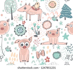 Vector seamless pattern with cute piglets, flowers. trees. Hand drawn endless background