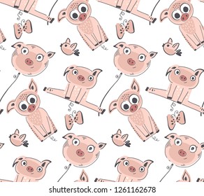 Vector seamless pattern with cute piglets. Hand drawn endless background