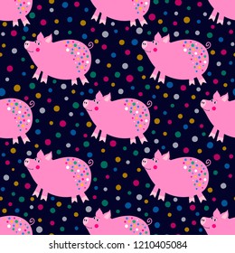 Vector seamless pattern with cute pigs and confetti. Childish background with hand drawn funny animals. Childish backdrop.