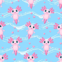Vector Seamless Pattern With Cute Pink Axolotl. Small Hearts. Wavy Grunge Texture. Blue Background.