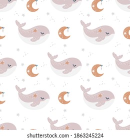 vector seamless pattern with cute pink whales, stars and moon on a white background. Childish pattern eps10 for wrapping paper, fabric, textile