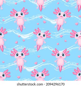 Vector Seamless Pattern with Cute Pink Axolotl. Small Hearts. Wavy Grunge Texture. Blue Background.