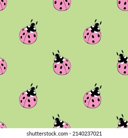 Vector seamless pattern of cute pink ladybugs in flat style. Background and texture on theme of nature, spring, summer, children print, isolated