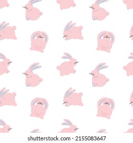 Vector seamless pattern with cute pink bunnies in cartoon style, cute animals, bunnies. Children's vector illustration for postcards, clothes, fabrics, design.
