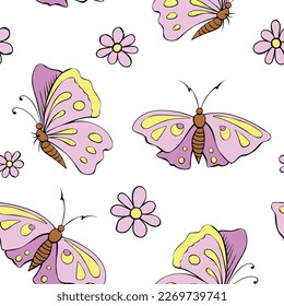 Vector seamless pattern of cute pink butterflies and flowers in doodle flat style. Glade, forest edge. Background and texture on theme of nature, spring, summer, children print, isolated