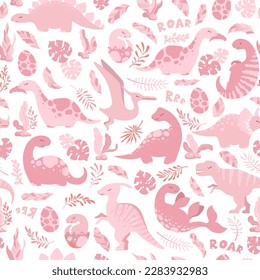 Vector seamless pattern with cute pink hand drawn cartoon dinosaurs, leaves and branches isolated on white background. Illustration for print, wallpaper, card, nursery decoration, textile