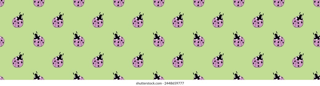 Vector seamless pattern of cute pink ladybugs in flat style. Background and texture on theme of nature, spring, summer, children print, isolated