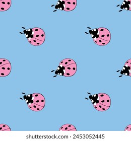 Vector seamless pattern of cute pink ladybugs in flat style. Background and texture on theme of nature, spring, summer, children print, isolated