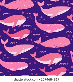 Vector seamless pattern with cute pink hand drawn whales with bubbles on violet background. Childish surface design with fish and waves for wallpaper and fabric