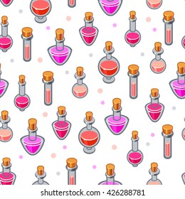 Vector seamless pattern with cute pink bottles. Cartoon chemistry illustration. Magic liquid