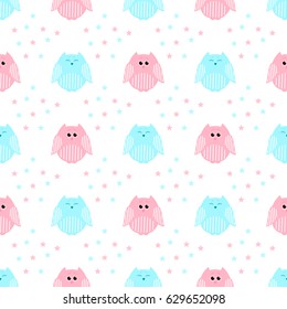 Vector seamless pattern of cute pink and blue  owls with stars in the background