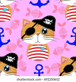 Vector seamless pattern with cute pirate cat and anchor. Cute Marine pattern for fabric, baby clothes, background, textile, wrapping paper and other decoration. Vector illustration