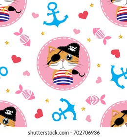 Vector seamless pattern with cute pirate cat, anchor. Cute Marine pattern for fabric, baby clothes, background, textile, wrapping paper and other decoration. Vector illustration.