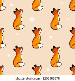 Vector seamless pattern of cute pixel art fox. Pixel art. 8 bit. 