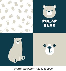 Vector seamless pattern with cute polar bear paw prints on snow