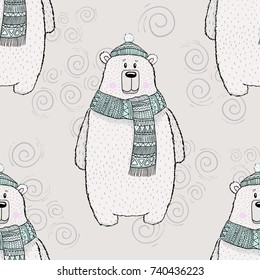 Vector seamless pattern with cute polar bear in scarf and cap,in the winter period of time