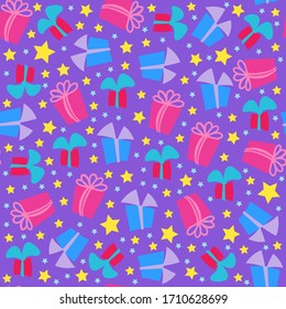 Vector seamless pattern. Cute present boxes with ribbon bow and confetti from stars. Festive, cute random colors. Perfect for wrapping paper, background, texture for textile, and other holiday design