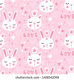 Vector seamless pattern with cute princess bunny. Pink background. Adorable animals. Funny rabbit, hearts, love 