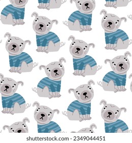 Vector seamless pattern with cute pugs wearing blue tshirt. Perfect for children's pattern for boys. Simple cute pug puppy pattern in hand drawn style