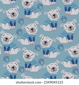 Vector seamless pattern with cute pugs wearing blue tshirt with paws on blue background. Perfect for children's pattern for boys. Simple cute pug puppy pattern in hand drawn style