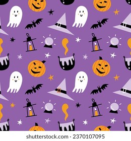 Vector seamless pattern with cute pumpkins and ghosts. Halloween design for fabric and paper, surface textures. Pastel colors design.