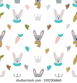 Vector seamless pattern with cute rabbit , hearts, carrots and crowns on white background. Endless texture.