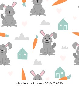 Vector seamless pattern Cute rabbit with carrot, Adorable rabbit seamless pattern. Vector cute animal background
