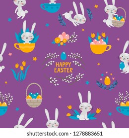 Vector seamless pattern with cute rabbits, flowers and eggs in gray, blue and yellow colors on violet background used for kids magazine, textile, paper, greeting cards.