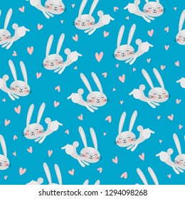 Vector seamless pattern with cute rabbits, hearts on blue background used for valentines day, marriage, magazine, textile, paper, cards.