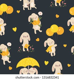 Vector seamless pattern with cute rabbits and hearts.  