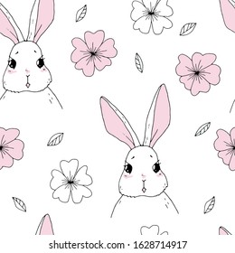 Vector seamless pattern with cute rabbits, flowers and leaves.