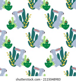 Vector seamless pattern with cute rabbits and leaves. Nursery print. Nature backdrop. Spring easter background.