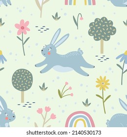 Vector seamless pattern with cute rabbits and flowers. Spring design. Kids illustrations, nursery decor