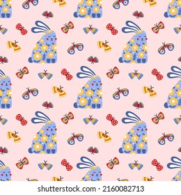 Vector seamless pattern with cute rabbits and butterflies. Hand drawn cartoon summer background. Illustration on flat style.