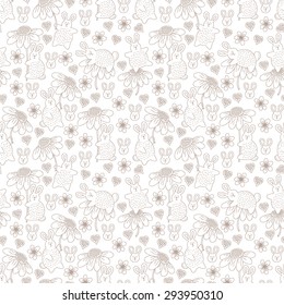 vector seamless pattern with cute rabbits and flowers