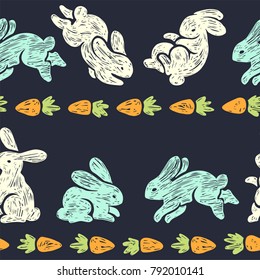 Vector seamless pattern with cute rabbits. Hand drawn ornamental texture with bunnies and carrots.