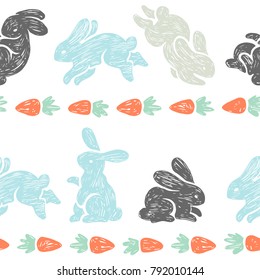 Vector seamless pattern with cute rabbits. Hand drawn ornamental texture with bunnies and carrots.