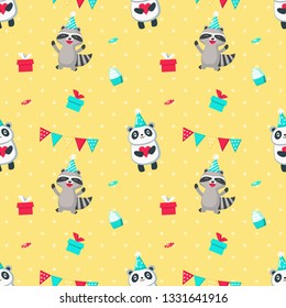 Vector seamless pattern with cute raccoon and panda wearing party hats and gift boxes, candies, cupcakes, party pennants around them. Happy birthday background, wallpaper, fabric, wrapping paper.