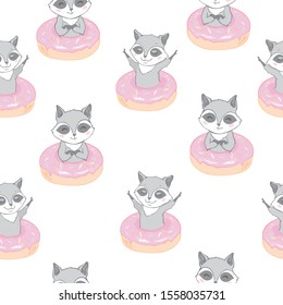 Vector seamless pattern with cute raccoon, donuts. Vector illustration.