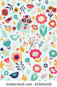 Vector Seamless pattern with cute raccoon and flowers