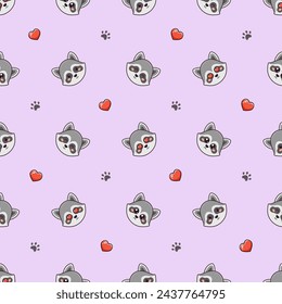 Vector seamless pattern with cute raccoons, hearts love and footprints on purple background
