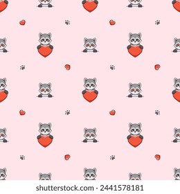 Vector seamless pattern with cute raccoons, hearts love and footprints on pink background