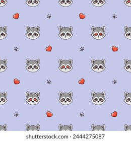 Vector seamless pattern with cute raccoons, hearts love and footprints on purple background