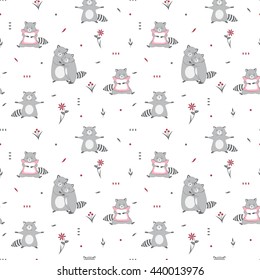  vector seamless pattern with cute raccoons on white background