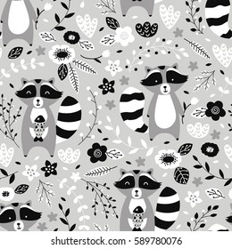 Vector seamless pattern, cute raccoons