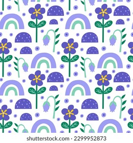 Vector seamless pattern. Cute rainbow, flowers on white background. Creative scandinavian kids texture for fabric, wrapping, textile, wallpaper, apparel. Vector illustration.